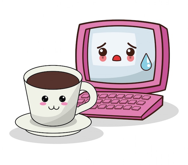 Kawaii computer with coffee cup image