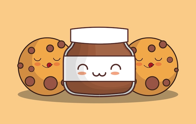 Vector kawaii cookies and chocolate cream bottle