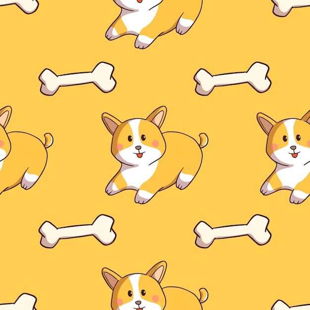 Kawaii corgi cane e osso in seamless con stile doodle su sfondo giallo