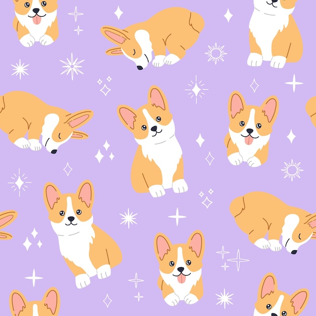 Vector kawaii corgi, little cute pet dog with smiling cute face sleeping, lying and sitting. seamless pattern on purple background with magic star. hand drawn trendy modern illustration in flat cartoon style