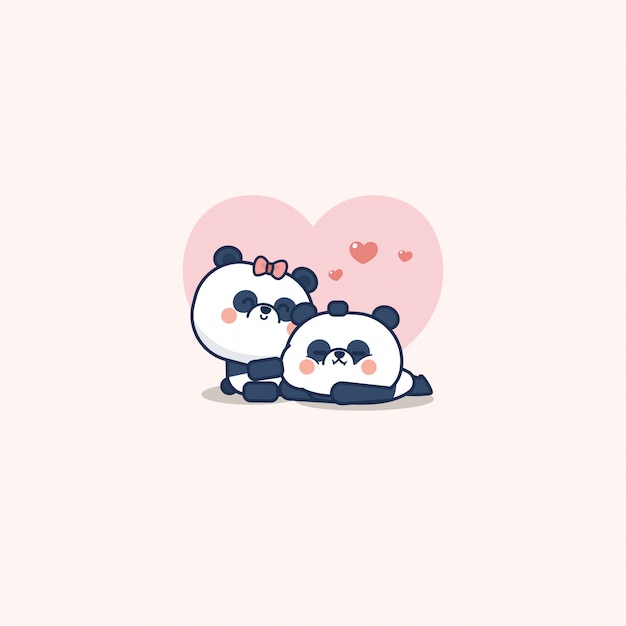 Kawaii Couple Panda 곰, 귀여운 동물, 평면 및 만화 스타일, 일러스트레이션