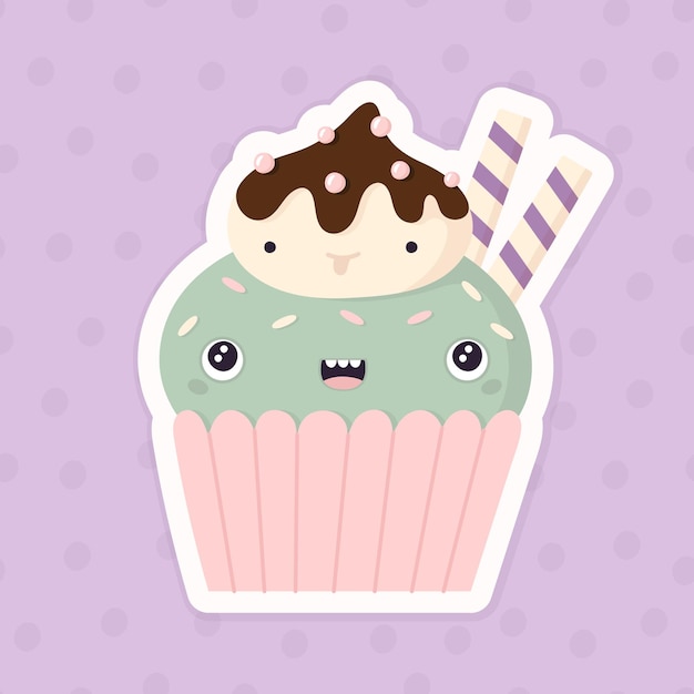 Kawaii cupcake with chocolate cream sugar beads waffle tubes and topping cartoon vector dessert