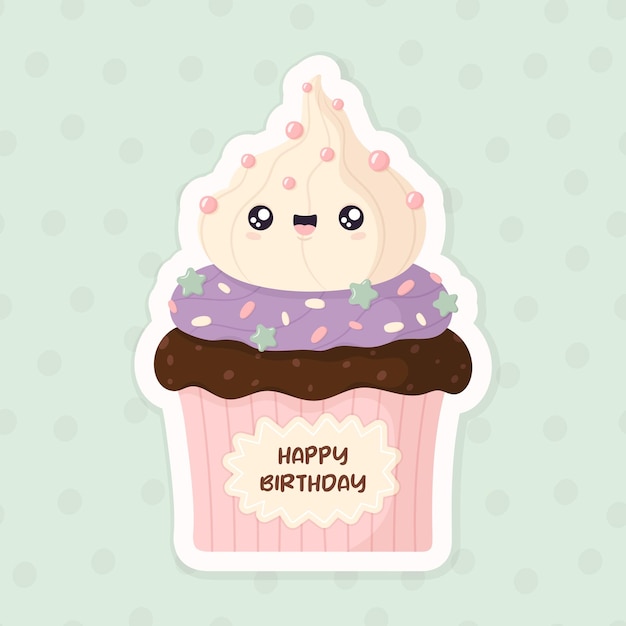 Cupcake kawaii con topping alla crema e perline di zucchero scritte di buon compleanno torta vettoriale cartone animato