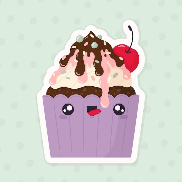 Cupcake kawaii con crema di zucchero, cioccolato e ciliegia in cima torta vettoriale cartone animato