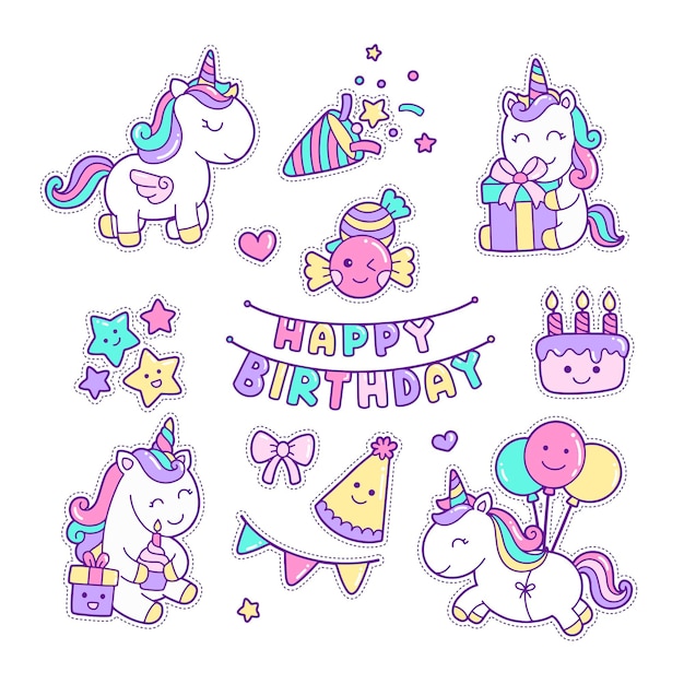 Vector kawaii and cute birthday unicorns sticker clipart set