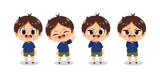 Kawaii cute boy character in various emotion cartoon vector illustration