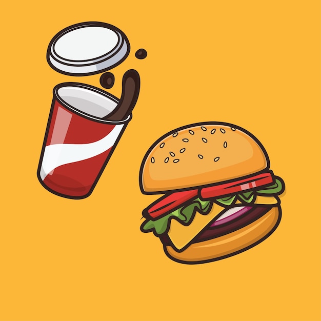 Kawaii carino hamburger e coca cola icona illustrazione