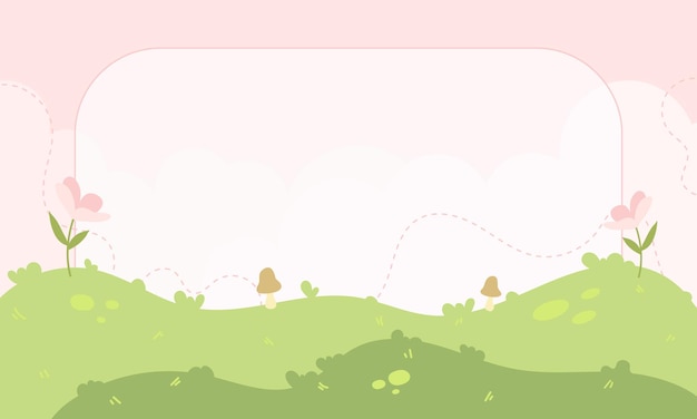 Kawaii Cute Cartoon Landscape Background with grass flowers and sky with framework