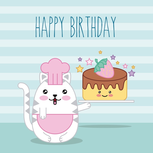 Kawaii cute cat holding birthday cake cartoon