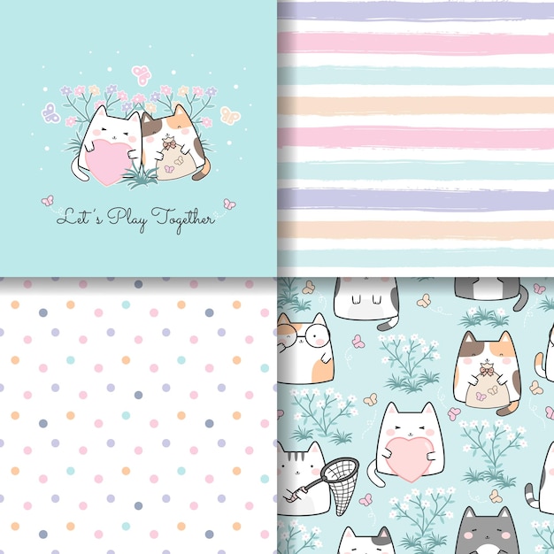 Vector kawaii cute cat play together seamless pattern set. cartoon animals background, vector illustration,