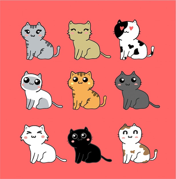 Kawaii cute cats set isolated