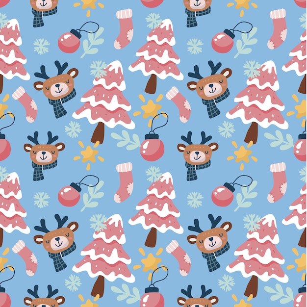 Vector kawaii cute christmas seamless pattern background. can use for fabric etc