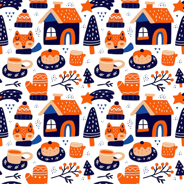 Kawaii cute christmas seamless pattern in scandinavian style. can use for fabric etc