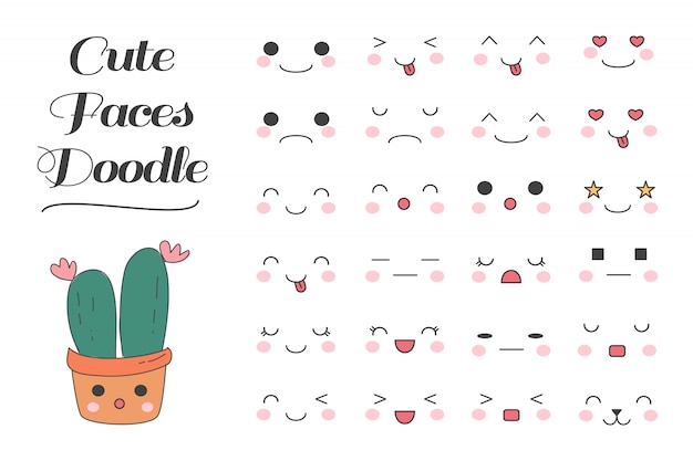 Kawaii cute faces cartoon doodle drawing template collection