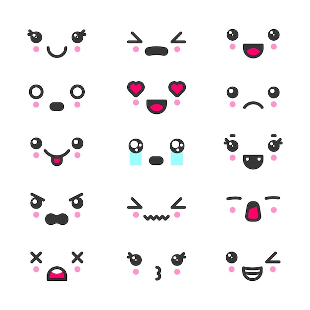 Insieme dell'icona di emoticon di facce carine kawaii. personaggi ed emoji, adorabili icone dei cartoni animati