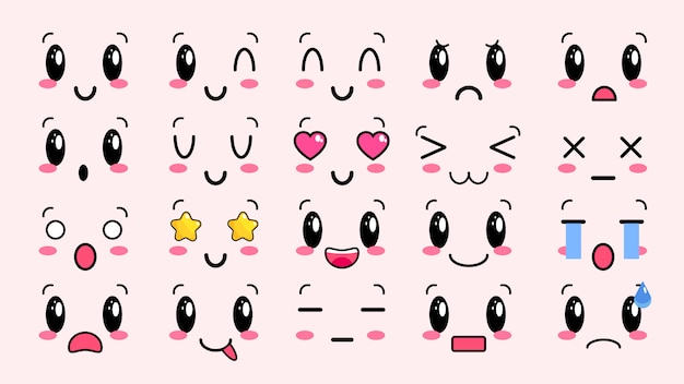 Vector kawaii cute faces. manga style eyes and mouths. funny cartoon japanese emoticon in in different expressions. for social networks. expression anime character and emoticon face illustration. eps