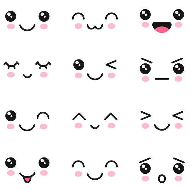 Vector kawaii cute faces set