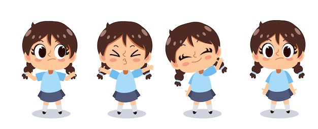 Kawaii cute girl character in various emotion cartoon vector illustration