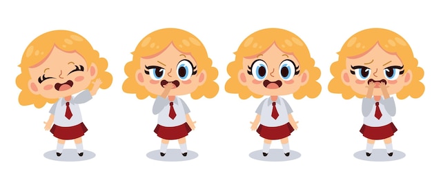 Vector kawaii cute girl character in various emotion cartoon vector illustration