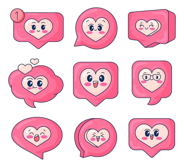 Vector kawaii cute heart in speach bubble emoticon messaging love cartoon characters