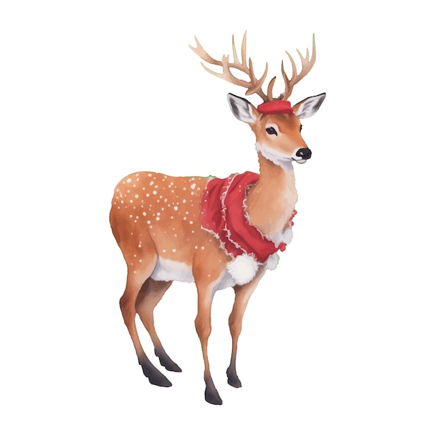 Vector kawaii cute little deer watercolor wearing vintage winter costume merry christmas and happy new year