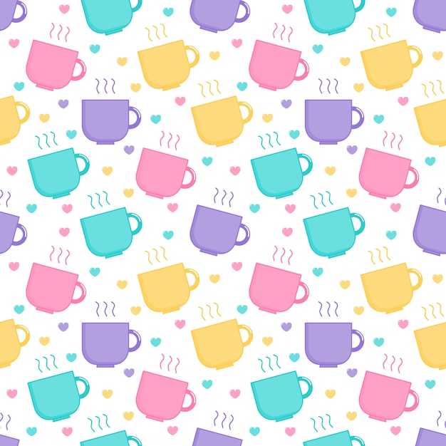 Vector kawaii cute pastel cute coffee and tea cup cartoon seamless pattern