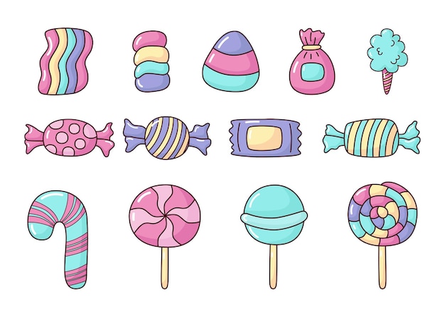 Premium Vector  Kawaii cute pastel set of candy sweets desserts with  different types isolated on white background