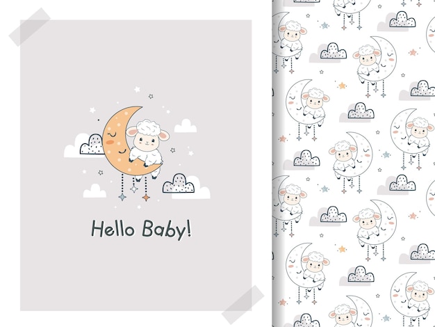 Kawaii Cute sheeps on the moon and stars Cartoon card and seamless pattern set Hand drawn animal