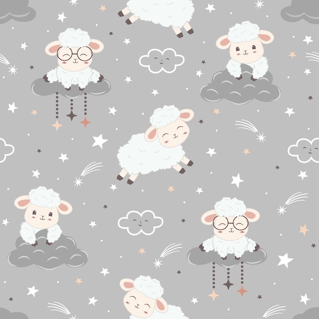 Vector kawaii cute sheeps seamless pattern design for paper goods background wallpaper wrapping printin