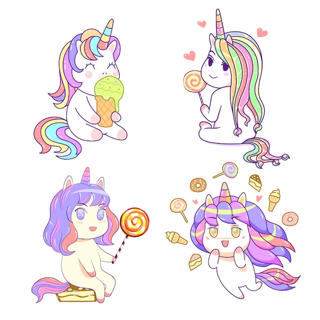 Simpatici amici unicorno kawaii con gelato, dessert color pastello dolce, set stile fumetto