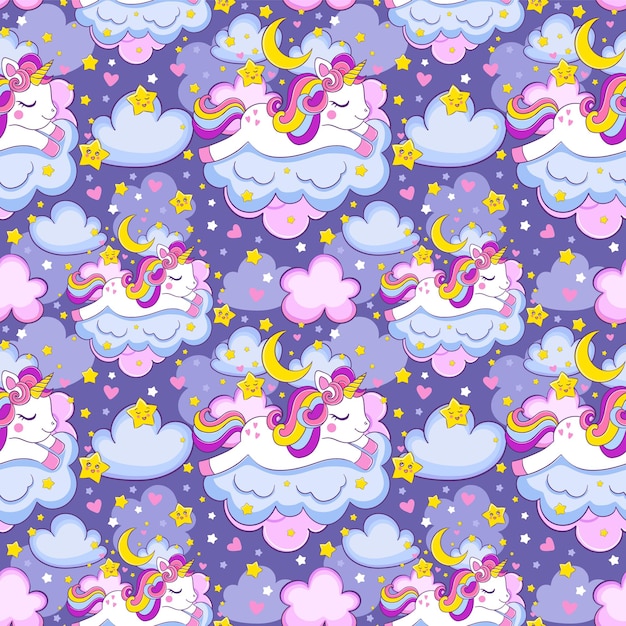 Vector kawaii cute unicorn sleeps on the clouds. vector sweet dreams seamless pattern