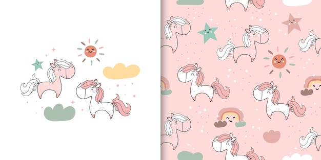 Kawaii Cute Unicorn with a cloud and stars Cartoon card and seamless pattern set Vector illustrat