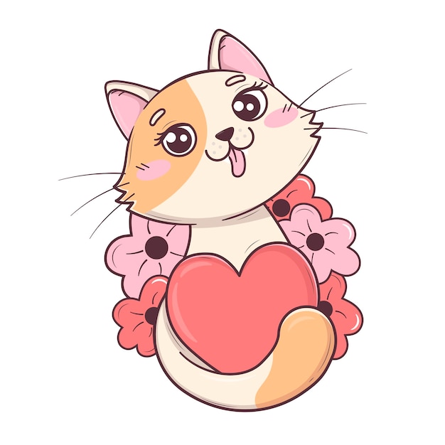 Kawaii carino san valentino gatto abbracciato cuore con coda