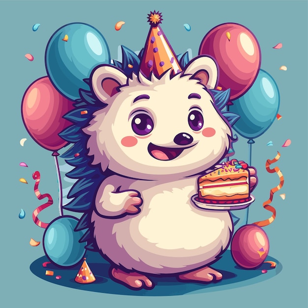 Vector kawaii cute vector logo sticker of hedgehog wearing party hat holding a cake with balloon