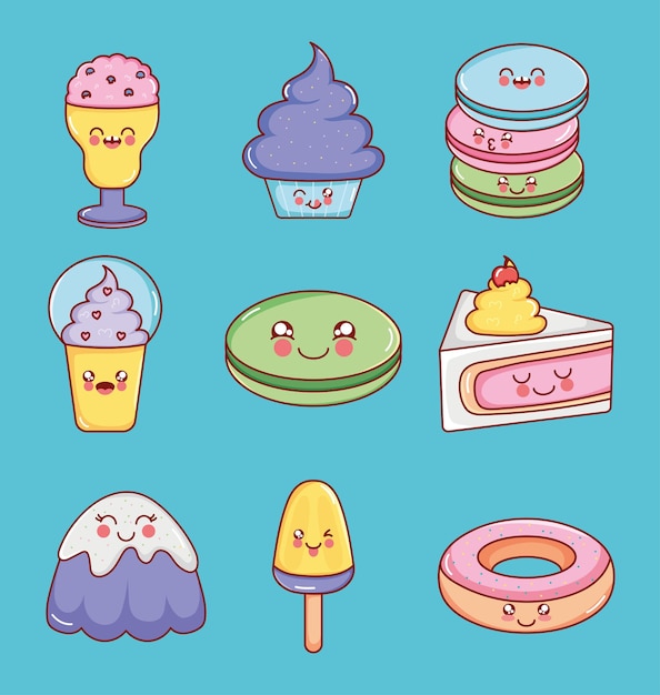 Kawaii desserts icon set