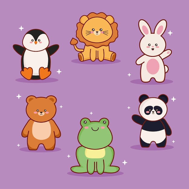 Kawaii dieren zes karakters