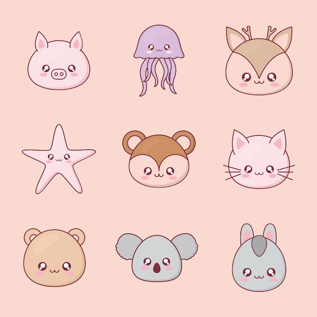 Kawaii dierlijk beeldverhaal set iconen ontwerp, expressie schattig karakter grappig en emoticon thema