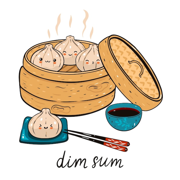 Vettore kawaii dim sum in vaporiera di bambù isolato su sfondo bianco grafica vettoriale