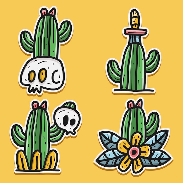 Kawaii doodle cartoon cranio e cactus sticker design illustrazione