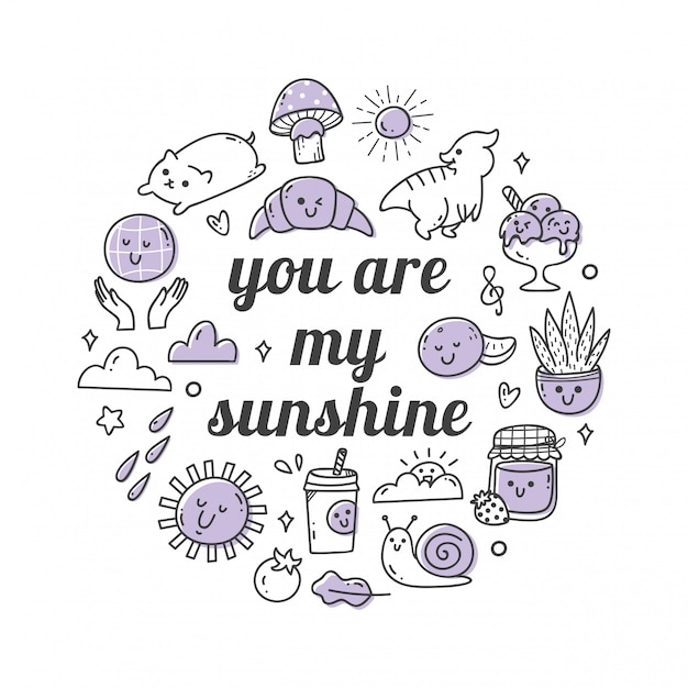 Kawaii doodle set with quotes