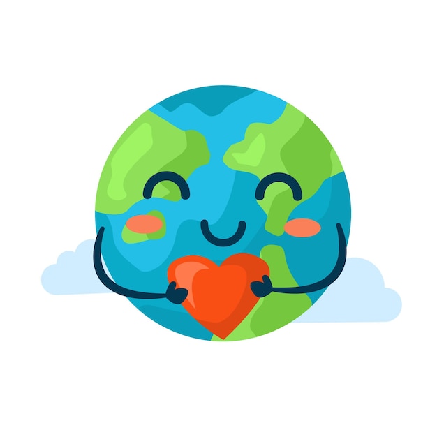 Vettore disegno kawaii del pianeta terra con un cuore nelle mani disegno tessile di una maglietta giorno della terra