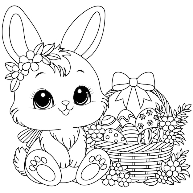 Kawaii easter bunny with basket of painted eggs coloring page for kids