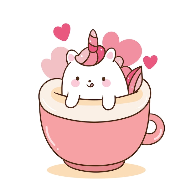 Kawaii eenhoorn cartoon verliefd koffie