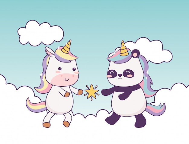 Kawaii eenhoorn en panda met ster in wolken stripfiguur magische fantasie