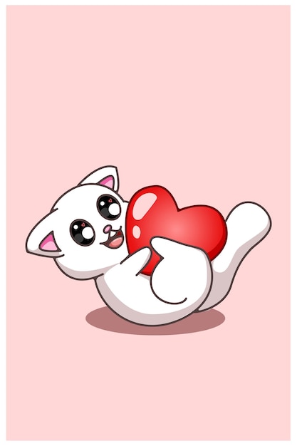 Kawaii en grappige kat die met een grote de cartoonillustratie van de hartvalentijnskaart rolt