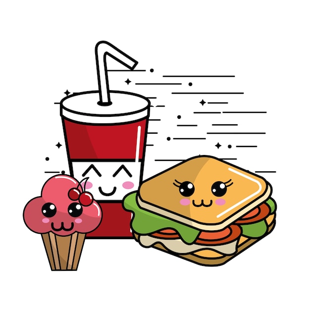 Vettore icona di kawaii fast food adorabile espressione