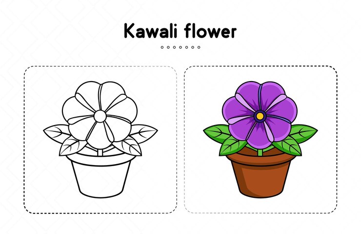 Vector kawaii flower coloring page in a pot with a colorful and cute design