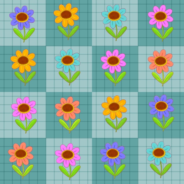 Вектор Дизайн цветочной плитки kawaii с шахматной доской