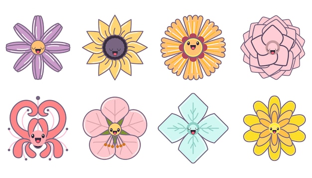 Kawaii flower традиционный японский цветочный мультфильм набор милых векторных иллюстраций