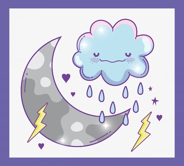 Vector kawaii fluffy cloud raining with thunder and moon